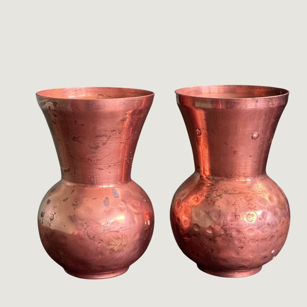 Pair of Vintage Hammered Copper Vases Flared Rim Rustic Home Decor